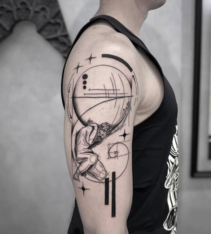 Tatuagem O Mito de Sísifo em fineline geométrico